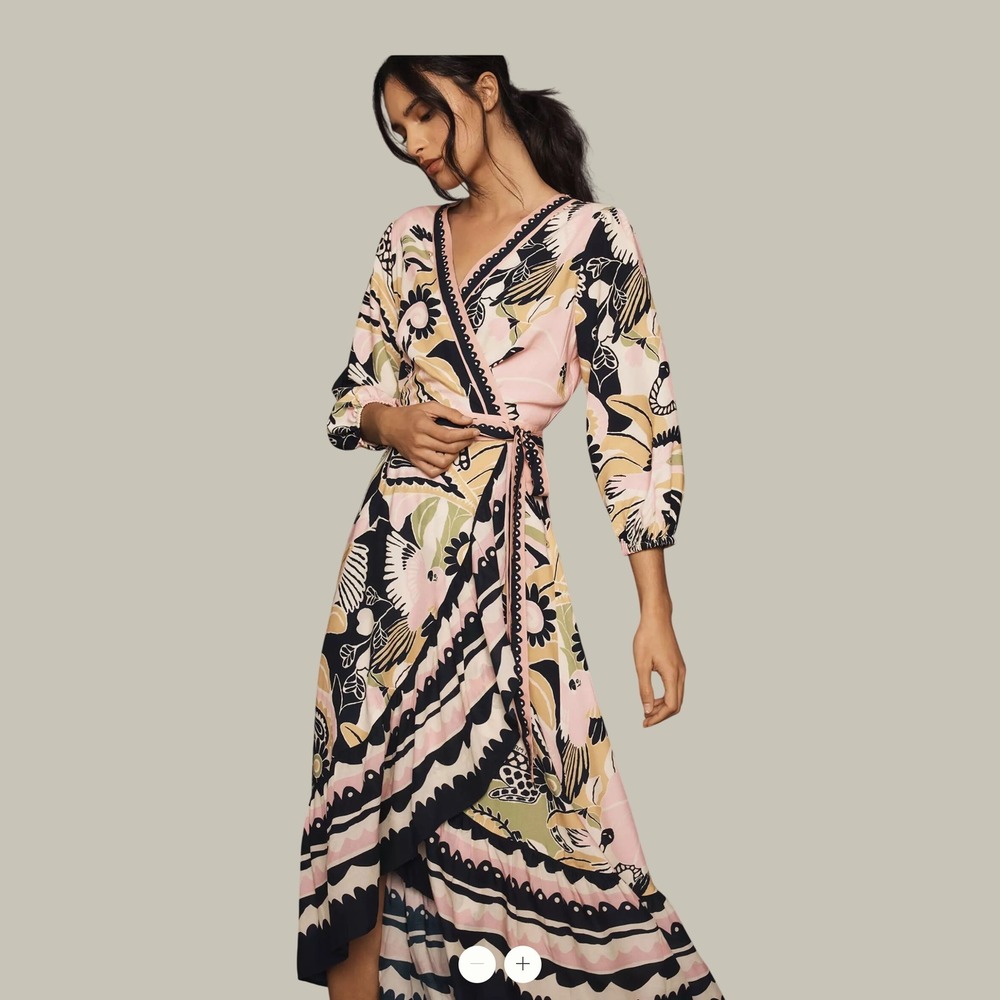 Farm Rio Anthropologie Pink Floral Bird Wrap Midi Dress S NWT Long Sleeve V-Neck